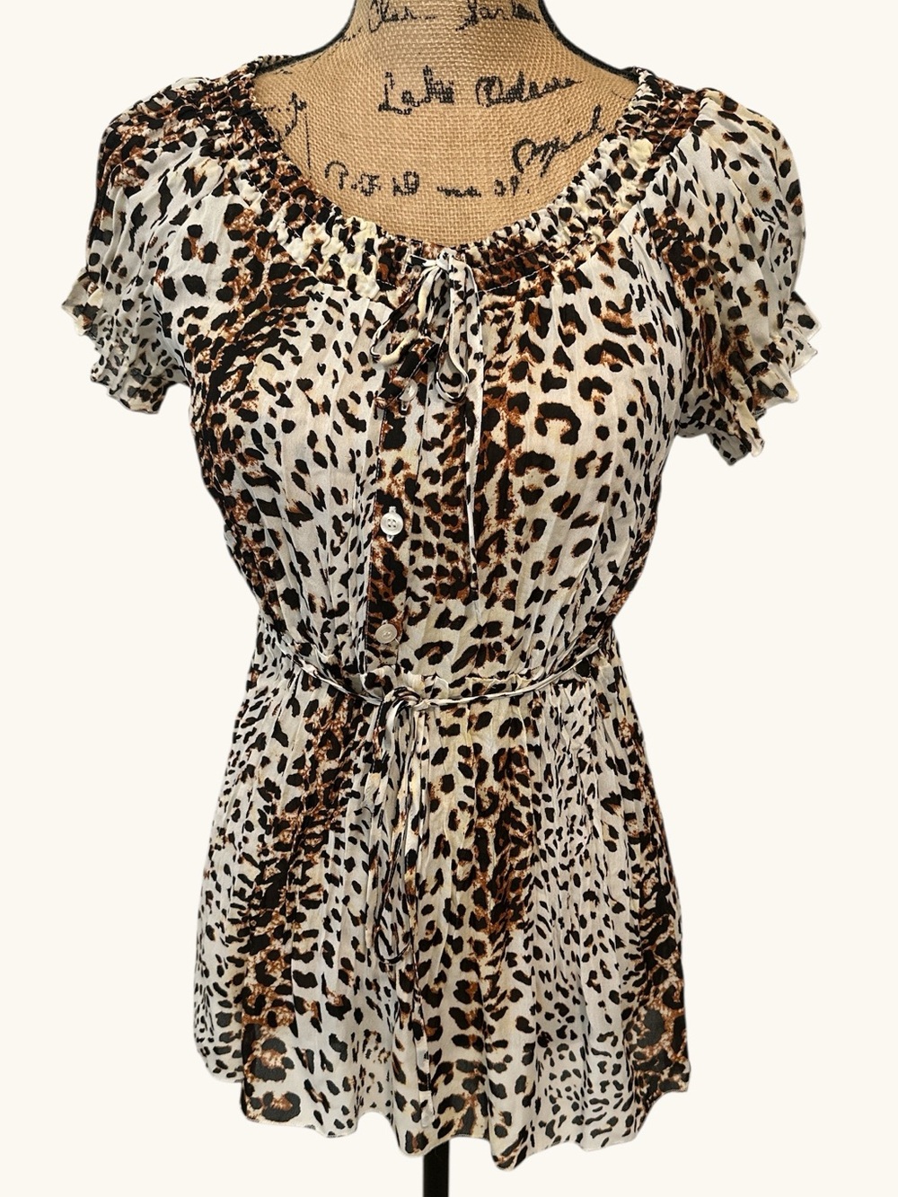 NY Collection Leopard Print Tie-Front Tunic - Cream/Brown/Black